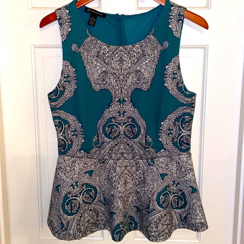 INC Teal Sleeveless Peplum Style Paisley Print Top